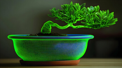 tree with wireframe branches and glowing foliage