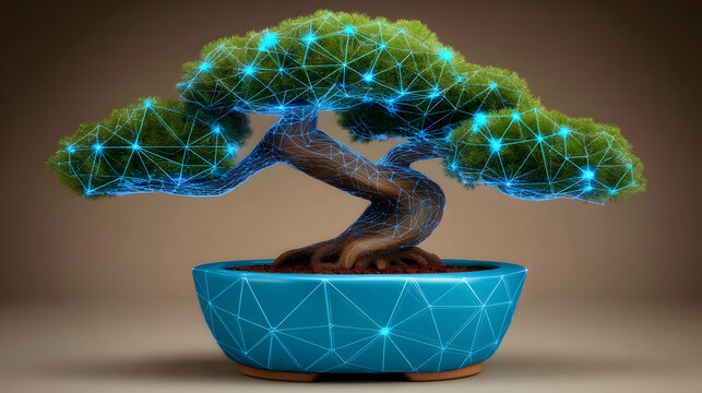 tree with wireframe branches and glowing foliage