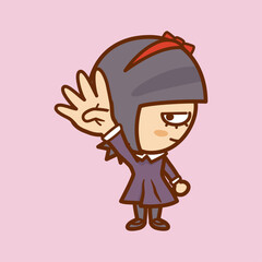 ４本の指を立て手を突き上げる横顔の女の子のイラスト／Illustration of a profile of a girl pointing up four fingers