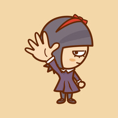 ５本の指を立て手を突き上げる横顔の女の子のイラスト／じゃんけんのパー／Illustration of a profile of a girl pointing up with five fingers