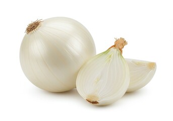 Fototapeta premium Close up of a whole white onion and a sliced onion with a wedge on a white background surface