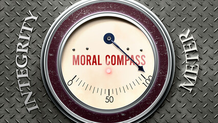 Moral Compass and Integrity that is hitting a full scale, showing a very high level of moral compass, overload of it, too much of it. Maximum value, off the charts.  ,3d illustration