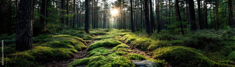 Poster Green moss between grass and forest with relax mood concept. A serene forest scene with sunlight filtering through the trees.
