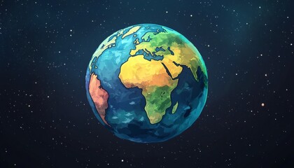 Colorful stylized illustration of planet Earth in space.