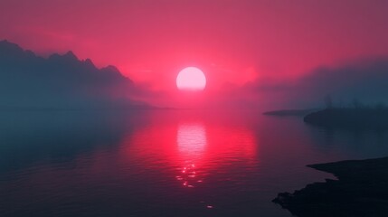 Fototapeta premium Crimson sunset over a misty mountain lake.