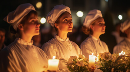 Florence Nightingale Commemoration, England, tribute to the Lady with the Lamp, nursing pioneer, Victorian era, healthcare history, solemn ceremonies, wreath-laying, traditional uniforms, candlelit vi