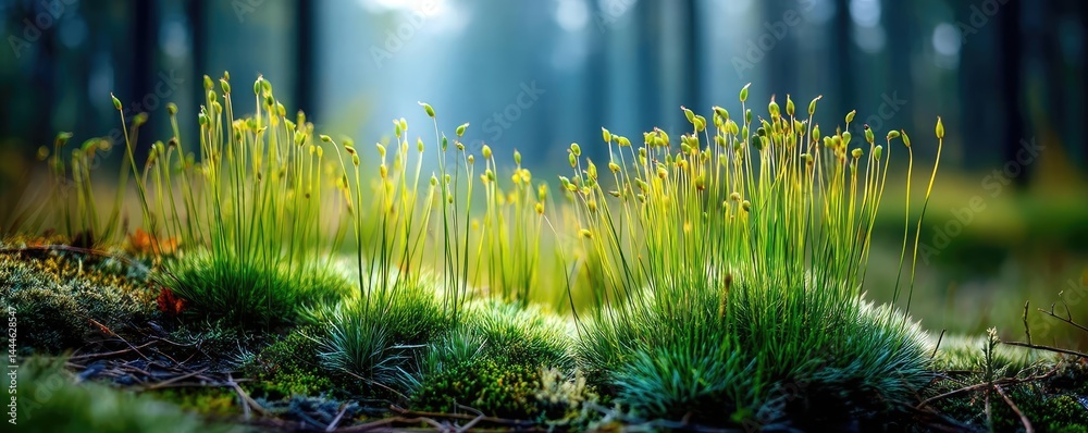 Poster green moss between grass and forest with relax mood concept. lush green moss and tiny plants illumin