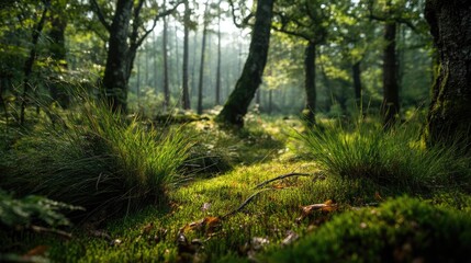 Obraz premium Green moss in forest with peaceful relax mood concept. Serene forest landscape with lush greenery.
