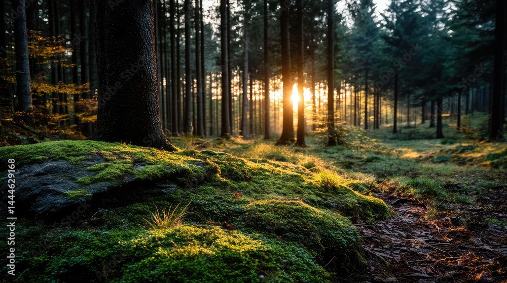 Poster green moss in forest with peaceful relax mood concept. sunlight breaks through trees in a tranquil f