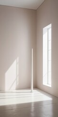 Fototapeta premium A bright room featuring pristine white walls, sunlight streaming through a large window, casting soft shadows on the wooden floor, creating a serene atmosphere.
