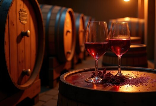 aged red wine rustic oak barrels rich deep color globle aromatic hues displaying art wine craftsmanship, grape, liquid, fermentation, aging, textures, depth