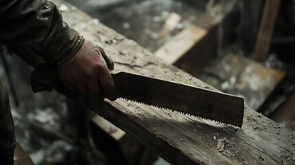 Hand Holding a Saw on Weathered Wood