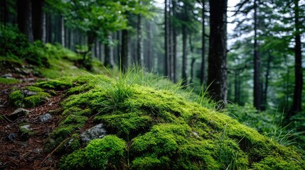 Obraz premium Green moss in forest with peaceful relax mood concept. Lush moss-covered ground in serene forest.