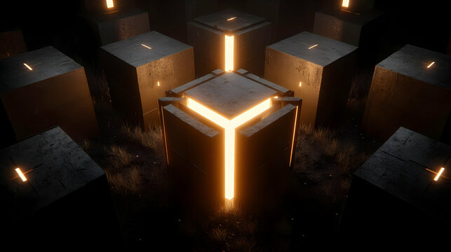 cubes stacked in a spiral emitting quantum code particles