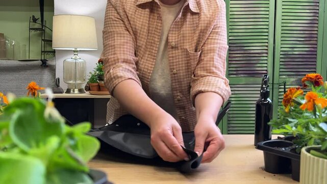 woman picks up a garden mat in the house on a table to transplant plants, front view