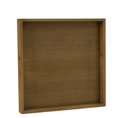Square brown wooden tray with handles for serving or display