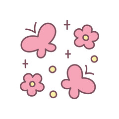 Cute floral illustration. Two pastel pink butterflies surrounded by little flowers and sparkles. Simple hand drawn illustration isolated on a white background. Kawaii spring sticker. Vector 10 EPS.