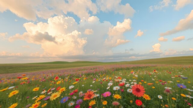 A vibrant field of colorful wildflowers blossoms under a beautiful sunset sky with fluffy clouds and rolling green hills in the background.