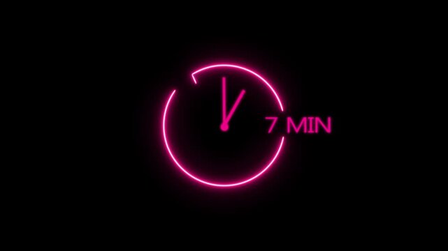 Abstract glowing neon 7 minute clock icon modern design animation 4k video.
