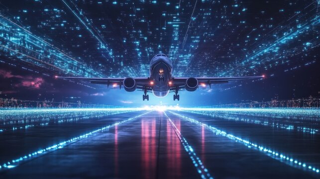 Futuristic airplane landing on digital runway