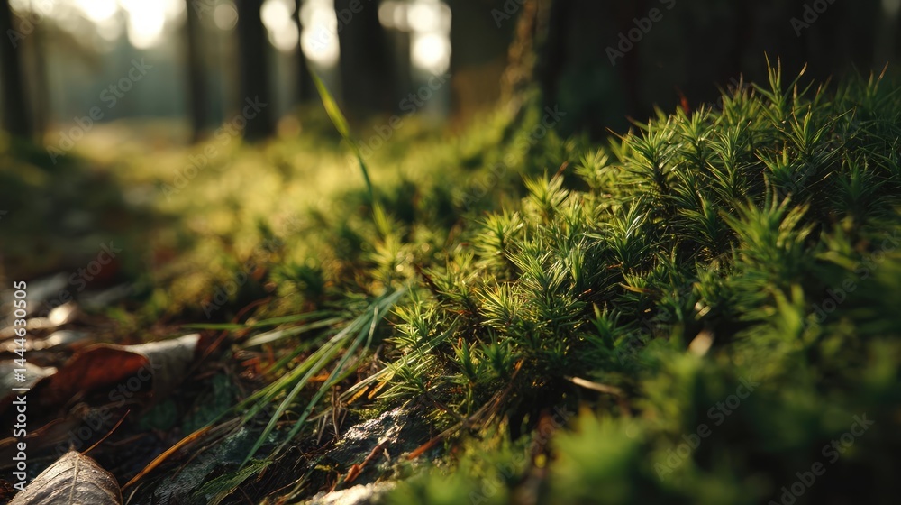 Aufkleber green moss between grass and forest with relax mood concept. lush green moss framing a tranquil fore