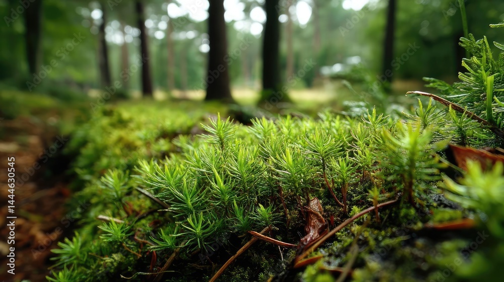 Poster green moss between grass and forest with relax mood concept. close-up of vibrant green moss in a tra