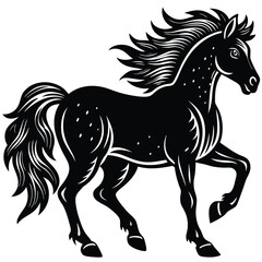 Standing Pony Stallion Silhouette, Mane, Black and White, Strong Horse, Isolated Art