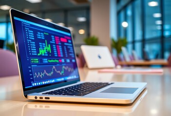 Laptop, smartphone, bright office, financial data on screen, career, report