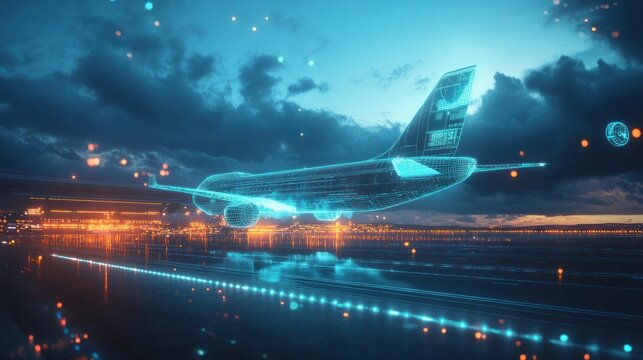 Futuristic airplane taking off, digital interface