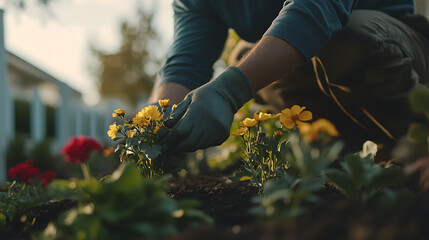 Gardener Planting Yellow Flowers in a Garden