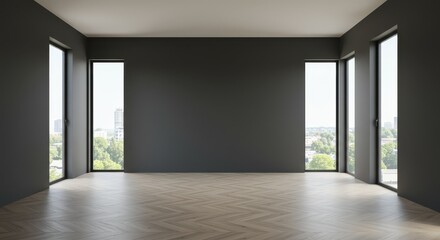 Fototapeta premium Empty room with dark gray walls and herringbone wood floor and large windows with city views outside