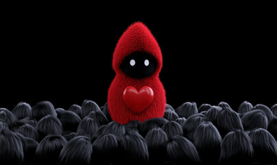 Furry red creature holding heart in a sea of dark figures, symbolizing love, individuality, and emotional connection in a whimsical world of shadows