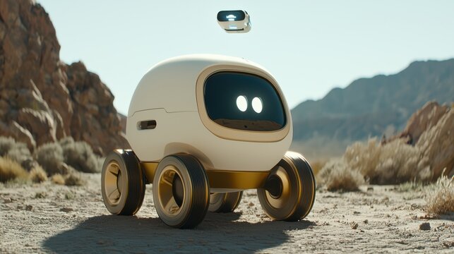 Futuristic solar panel maintenance bots in desert environment high-tech robotics advanced technology concept