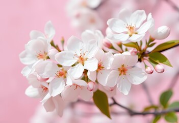 Fototapeta premium Large, pristine white blossoms against a soft blush pink backdrop, flora, spring