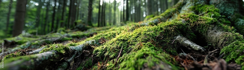 Poster Green moss between grass and forest with relax mood concept. Lush forest floor with moss on tree roots and dappled sunlight.