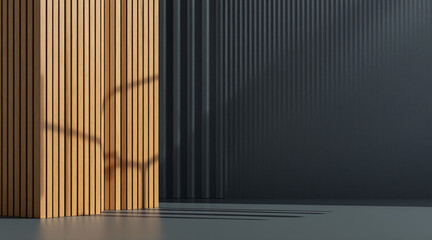 Obraz premium Modern Interior Design with Wooden Panels and Shadows in Contemporary Space