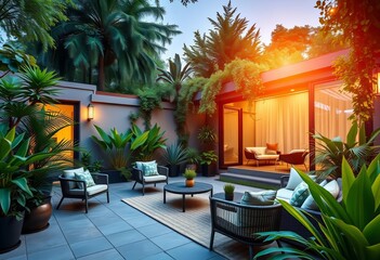 Layered patio with modern furniture, ambient lighting, & abundant greenery,  fall, backyard