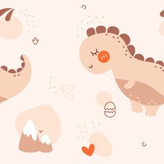 Baby seamless pattern drawn in neutral pastel bohemian colors featuring dinosaurs, mountains with snow snowy peaks, hearts and color spots.