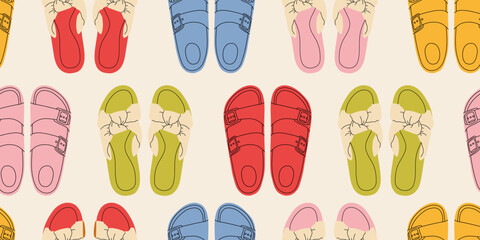 Seamless pattern with different types of modern trendy women footwear. Endless texture with fashionable and stylish shoes for printing. Colored flat vector illustration.