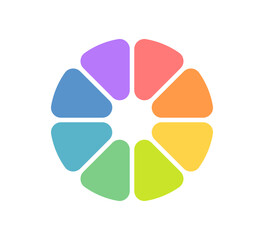 Circle division infographic icon. Pie chart divided eight equal parts. 8 sectors with rounded corners icon. Color infographic flower round diagram. Vector illustration isolated on white background.