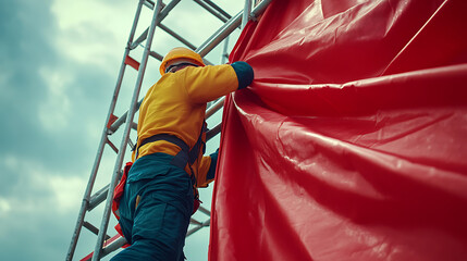 Worker Installing Red Tarpaulin on Scaffolding