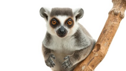 Fototapeta premium A curious -tailed lemur sits perched on a weathered wooden branch against a clean white background.