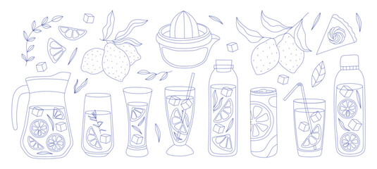 Set of lemonade elements, lemon, ice, straw. Slice lemon, whole, half. Glass, pitcher, jar, jug, bottle. Vector element of smoothie lemonade fresh juice detox in flat cartoon style Vector illustration