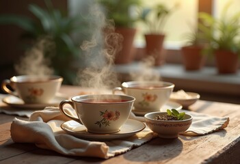 Fototapeta premium ceramic cups steaming tea warm drink cozy arrangement tableware kitchen setting, beverage, pouring, honey, sugar, spoon, mug, kettle, infusion, aroma