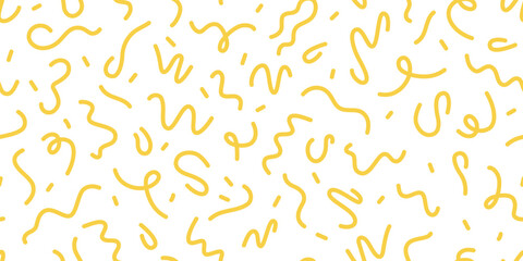 Pasta seamless pattern. Italian spaghetti background. Yellow japan ramen design. Chinese noodle texture. Doodle wavy line pattern. Hand drawn food bg. Vector illustration isolated on white background.