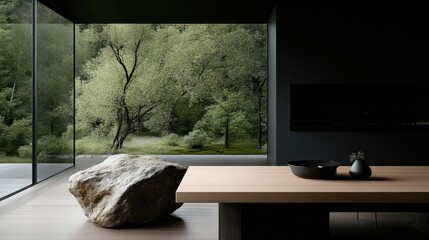 Modern minimalist living room with natural elements.  Large stone centerpiece and panoramic window views of lush greenery. Dark, muted color palette.  Simple, clean lines