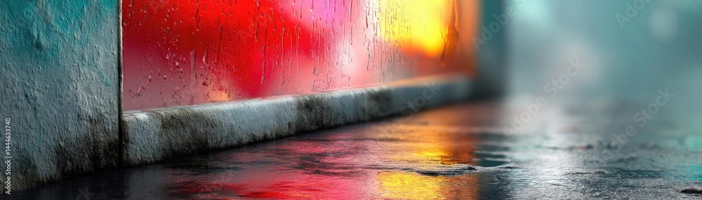 Poster raindrop on a window featuring sad city mood and water texture concept. a vibrant reflection on a we