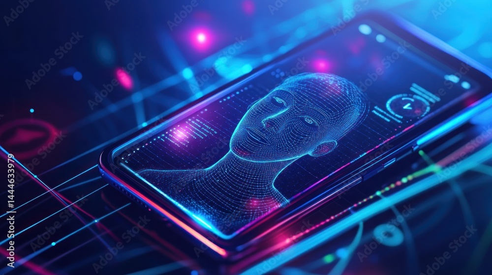 Poster futuristic mobile phone with ai face recognition technology