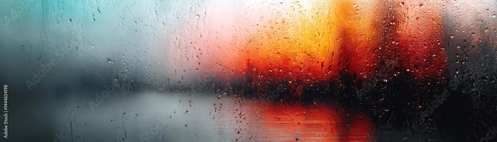 Poster Raindrop on a window combining rain, mood, and urban pattern concept. Abstract view through a rain-soaked window showcasing vibrant colors.