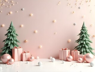 Minimal scene with balls, snow, gifts and pine trees for Christmas product presentation. 3D render for social media. Stage decorated for Christmas. AI Generative